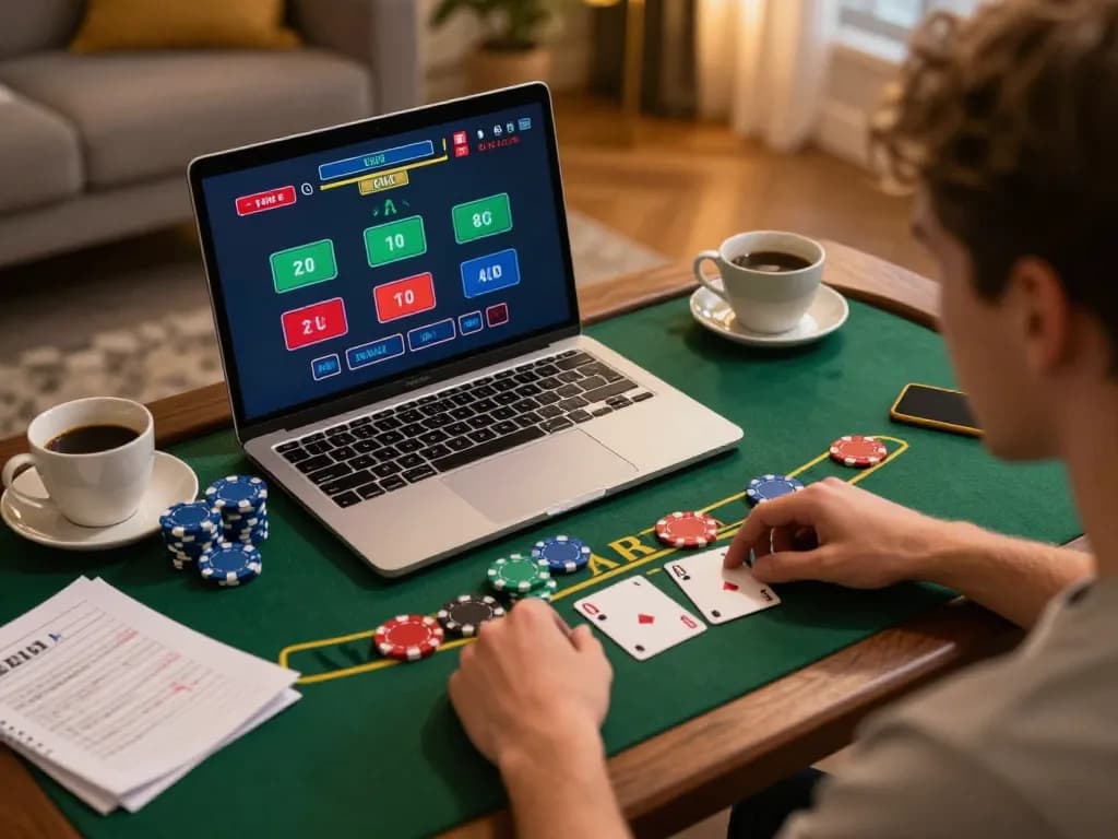 Player enjoying shbet online gambling experience on laptop with strategic notes.