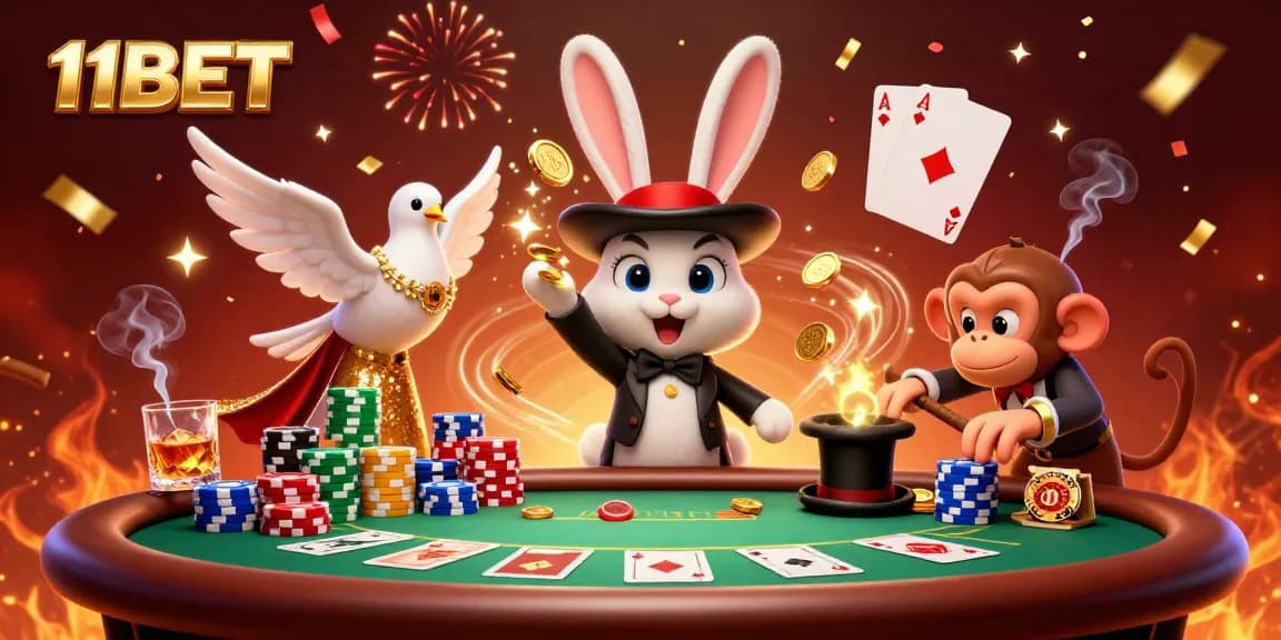 11BET showcases a whimsical casino scene with a magician rabbit and poker elements, bursting with excitement.