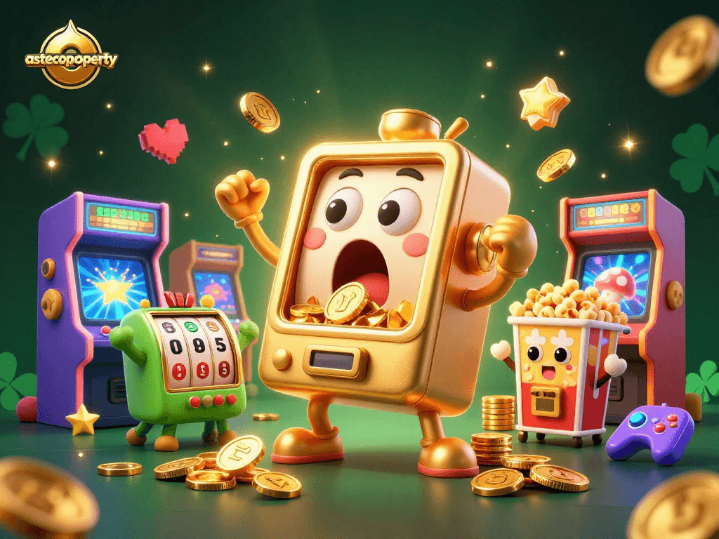astecoproperty showcases a dynamic jackpot scene with a golden slot machine hitting its jackpot.