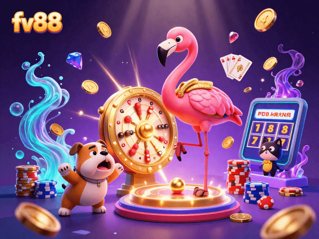 Spin the fv88 prize wheel with excited participants and sparkling casino elements!
