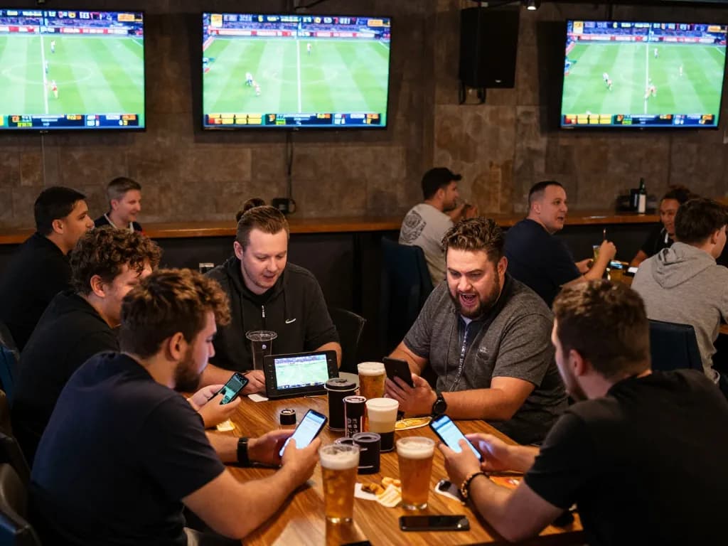 sbobet11 players engaging in thrilling sports betting atmosphere with live events on multiple screens