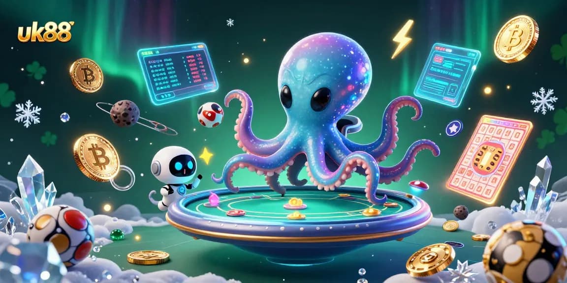 Engage in thrilling lottery games with uk88 as a vibrant octopus and robot celebrate wins.
