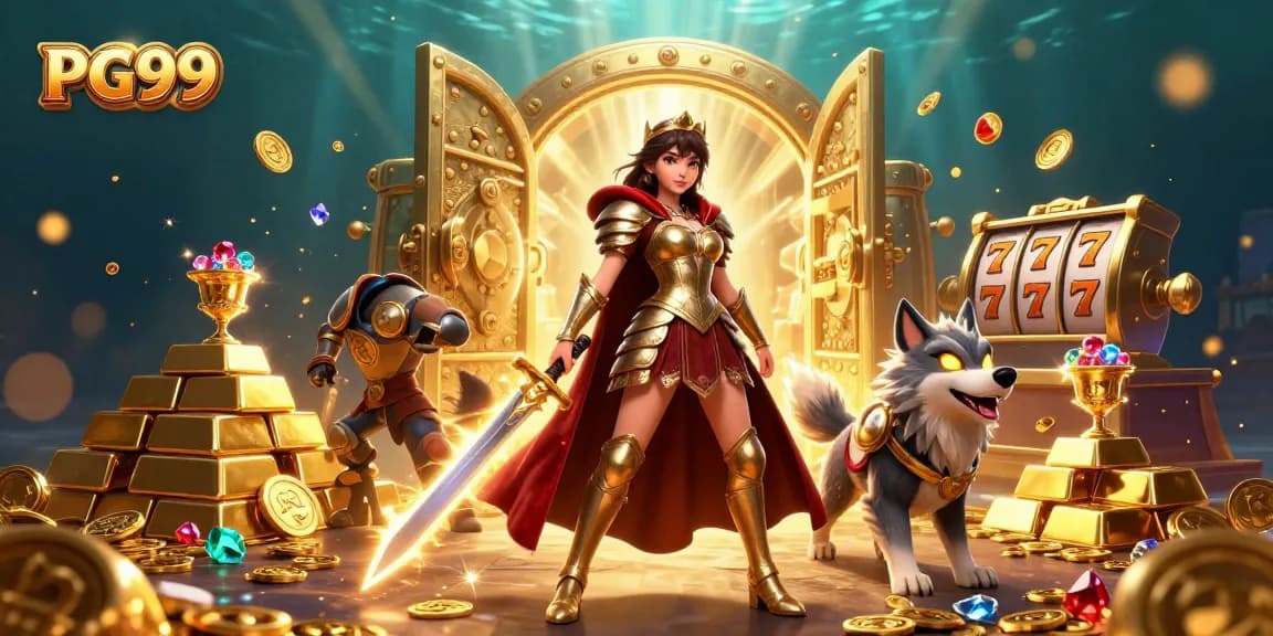 Experience PG99's thrilling gaming atmosphere with vibrant 3D characters and gem-filled treasures.