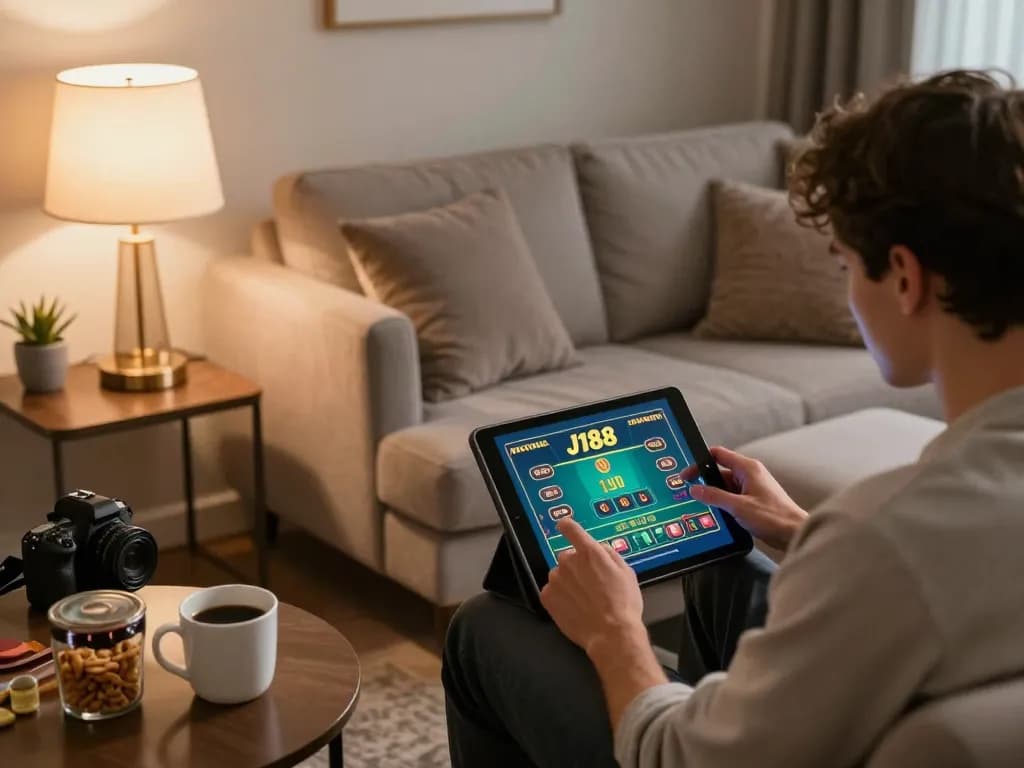 Engaging online user placing bets on J188 with a tablet, showcasing modern gaming experience.