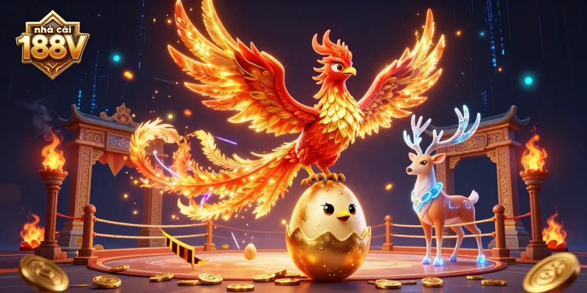 Experience exciting gaming at nhà cái 188V with vibrant 3D illustration featuring a phoenix and dynamic casino elements.