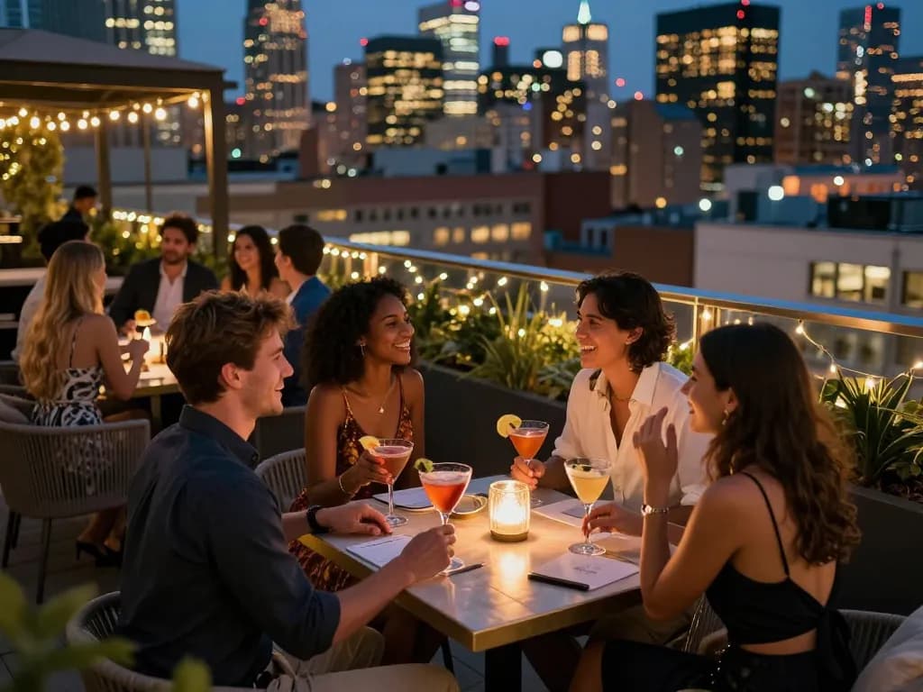 NoHu rooftop bar scene showcasing friends celebrating with cocktails and a stunning city view.