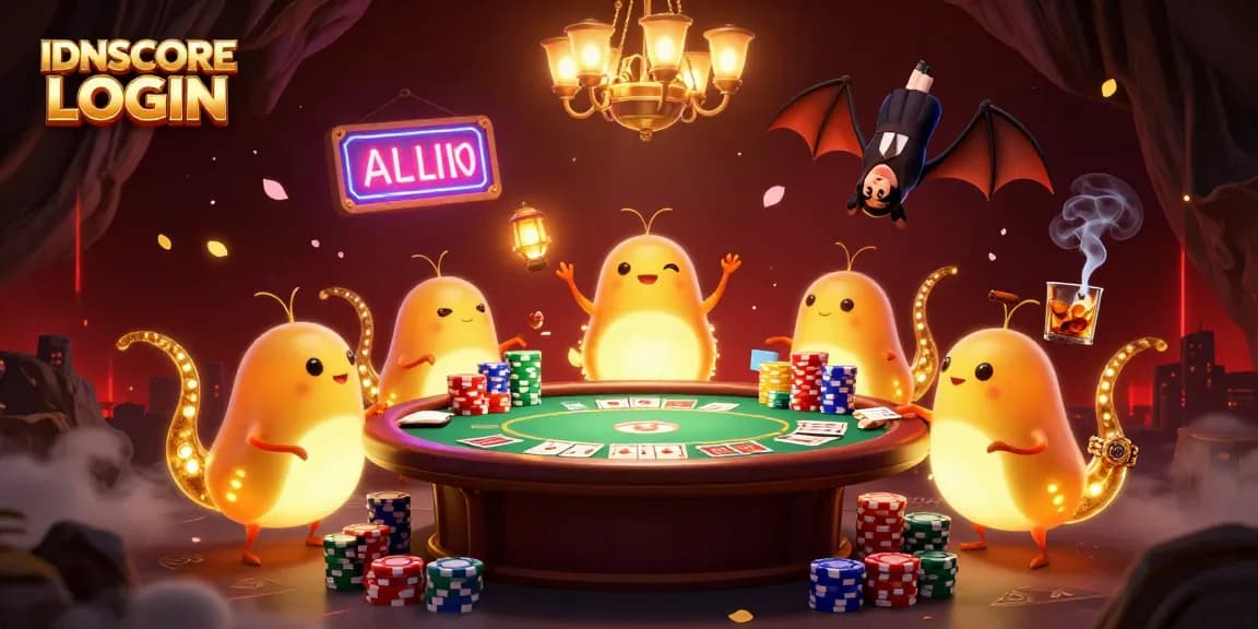 IDNSCORE LOGIN lights up the poker table in a vibrant casino scene alive with glowworms and dynamic elements.