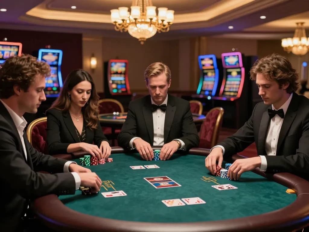 Engaged players analyze strategies in a high-stakes poker game at rik 88 casino.