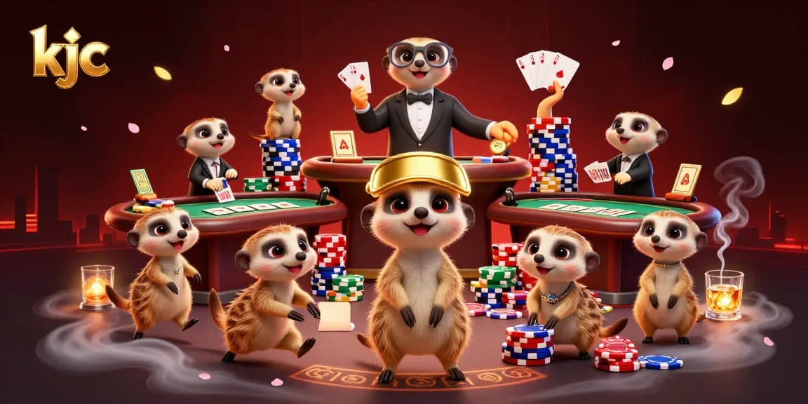Engage in exciting poker gameplay at KJC with charming meerkat characters orchestrating a fun-filled casino.