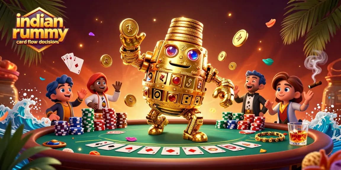Engage with indian rummy card flow decisions through a dynamic poker scene featuring vibrant characters and elements.