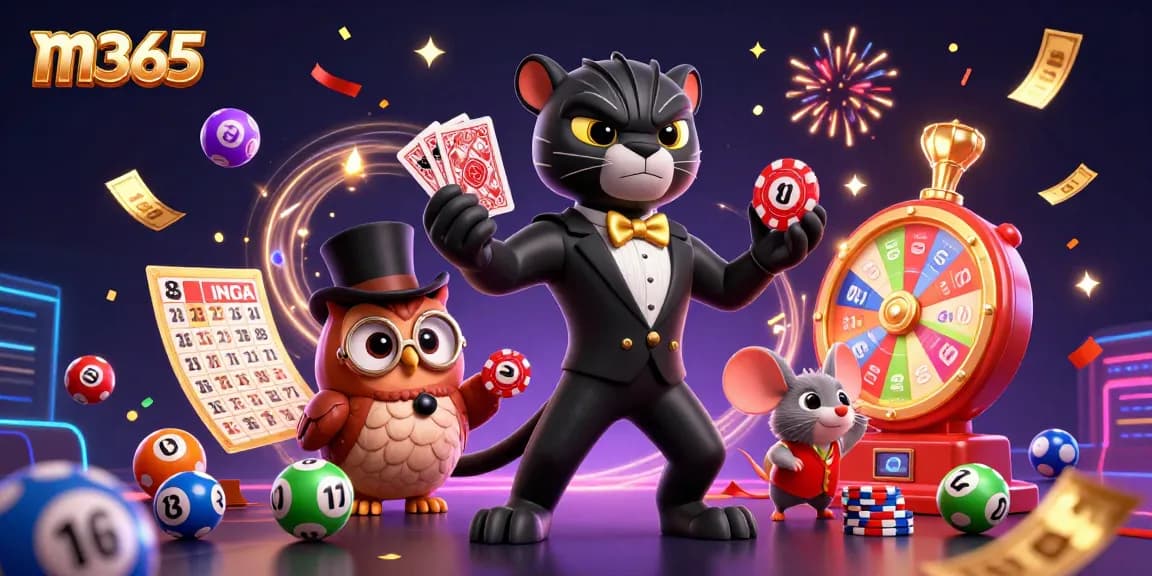 Engaging m365 gaming scene with stylish characters dealing cards and colorful lottery elements.