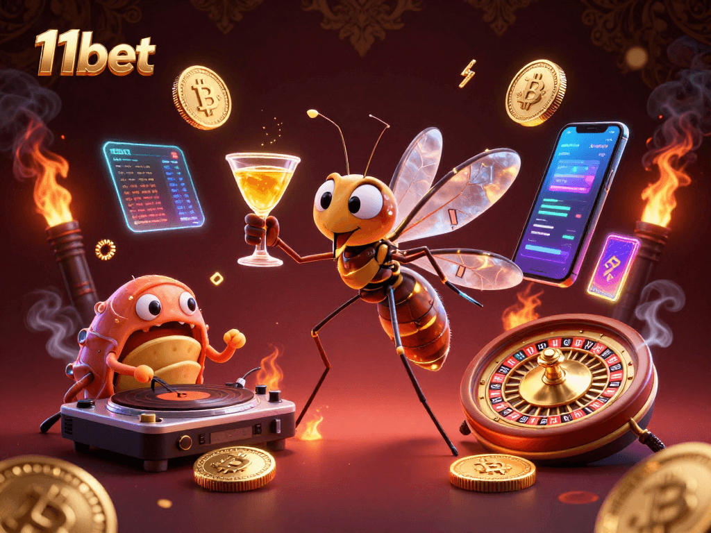 Engage with 11bet's innovative crypto casino atmosphere featuring vibrant characters and gaming elements.