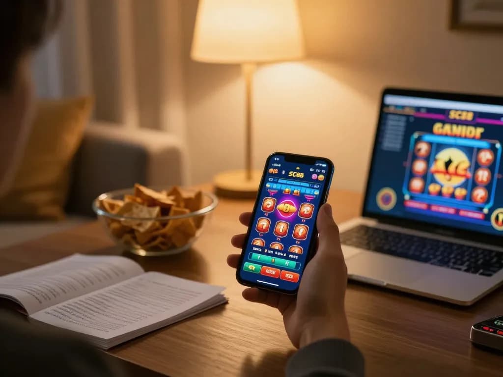Player engaging in SC88 mobile app betting with smartphone in cozy home environment.