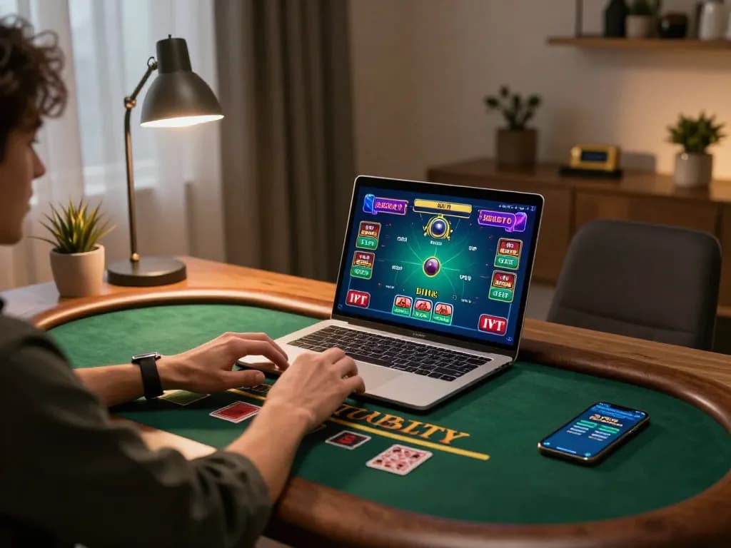 Person playing live dealer blackjack on 98win9 in a stylish home office setup