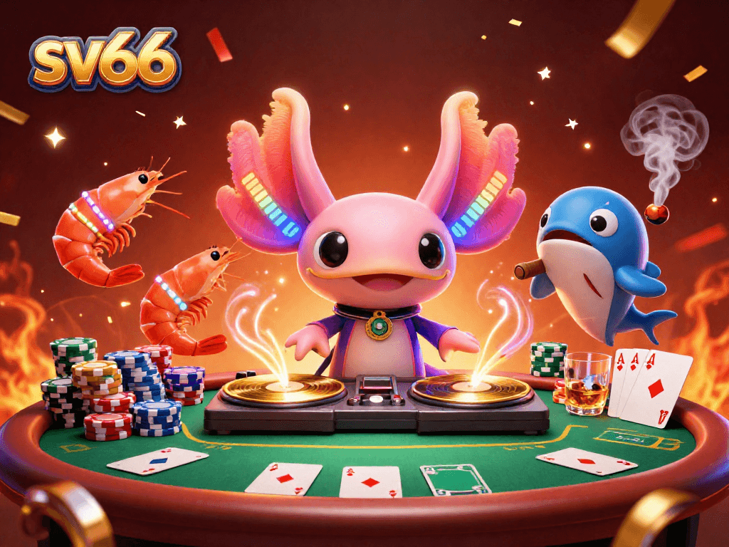 Experience the excitement of sv66 casino with a colorful scene featuring a DJ axolotl and poker action.