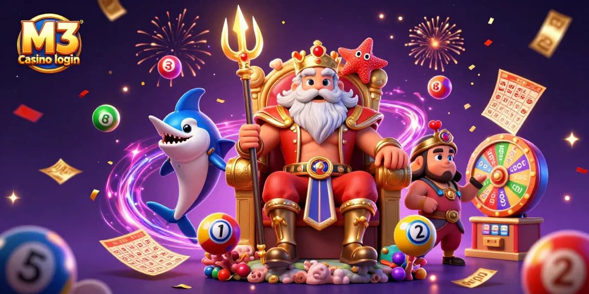 M3 casino login features an engaging 3D illustration with vibrant lottery elements and exciting prize details.