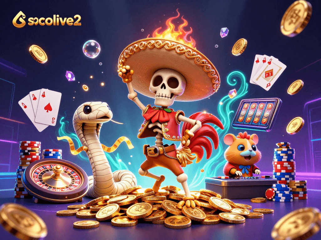 Socolive2 showcases thrilling casino action with cartoon characters celebrating on golden coins amidst vibrant gaming elements.