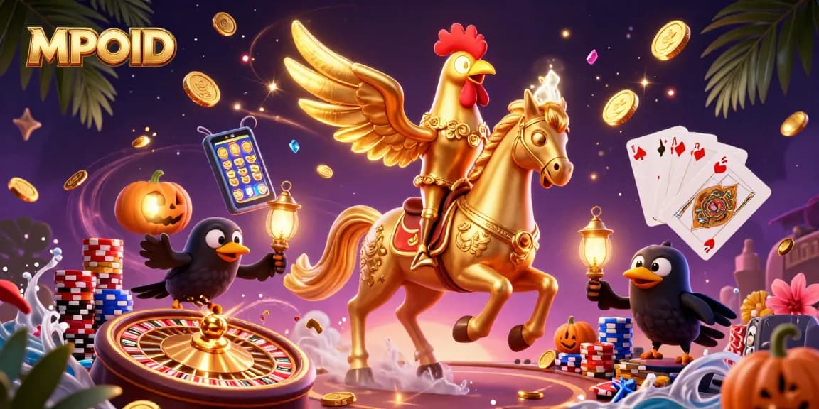 MPOID offers thrilling gaming excitement with a golden rooster and spectral horse in a vibrant casino scene.
