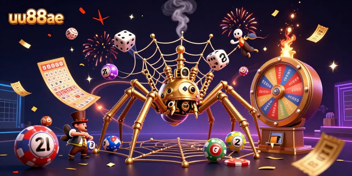 Elevate your gaming experience at uu88ae with dynamic lottery balls, golden prizes, and an enchanting steampunk spider scene.