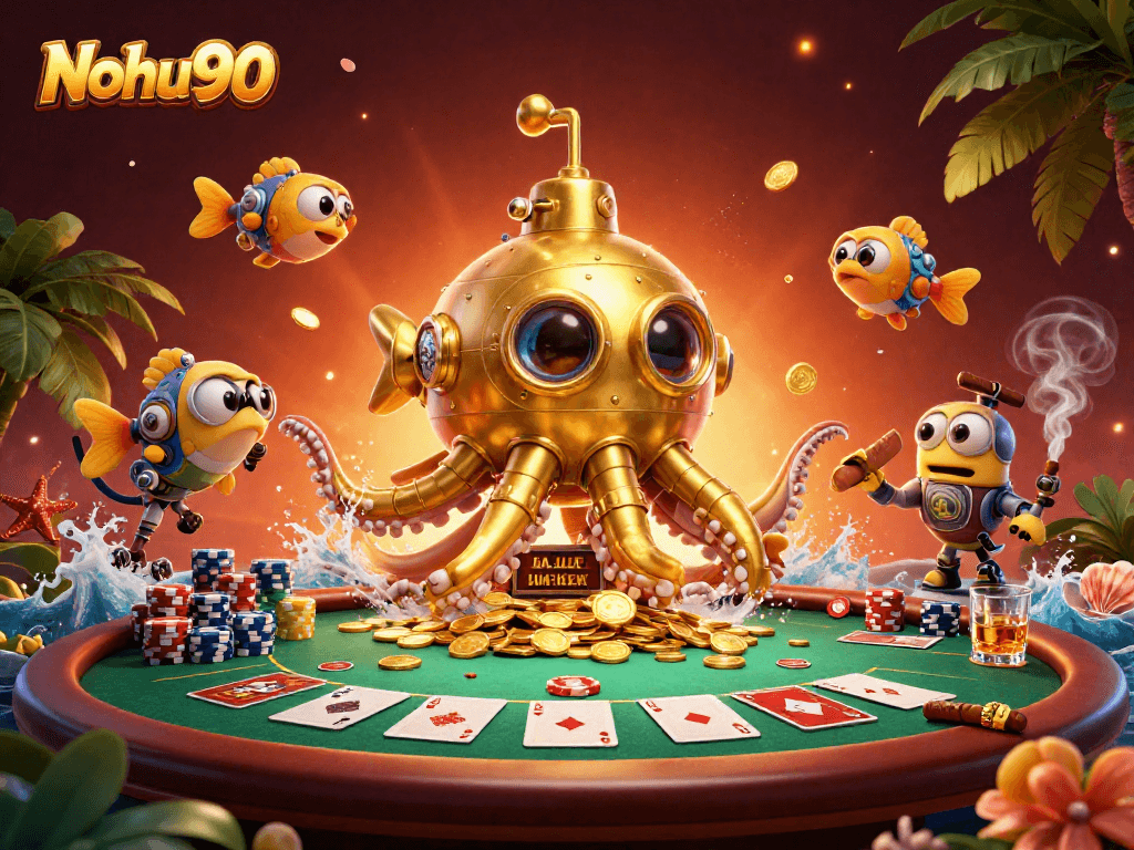 Nohu90 showcases a vibrant 3D kraken submarine in a golden coin sea with poker elements
