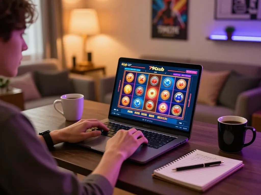 Gamer enjoying vibrant slot games on nhà cái 79club while managing strategies