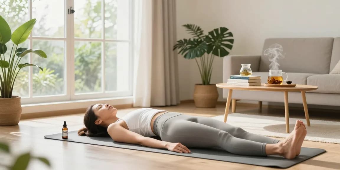 Ministry of Cannabis CBD oil beside a woman practicing yoga in a natural wellness setting.
