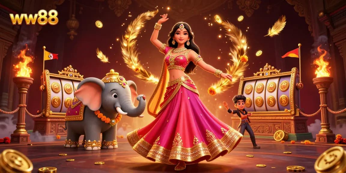 Win big with ww88 in an ultra-detailed casino scene featuring dynamic slots elements and a Bollywood dancer.