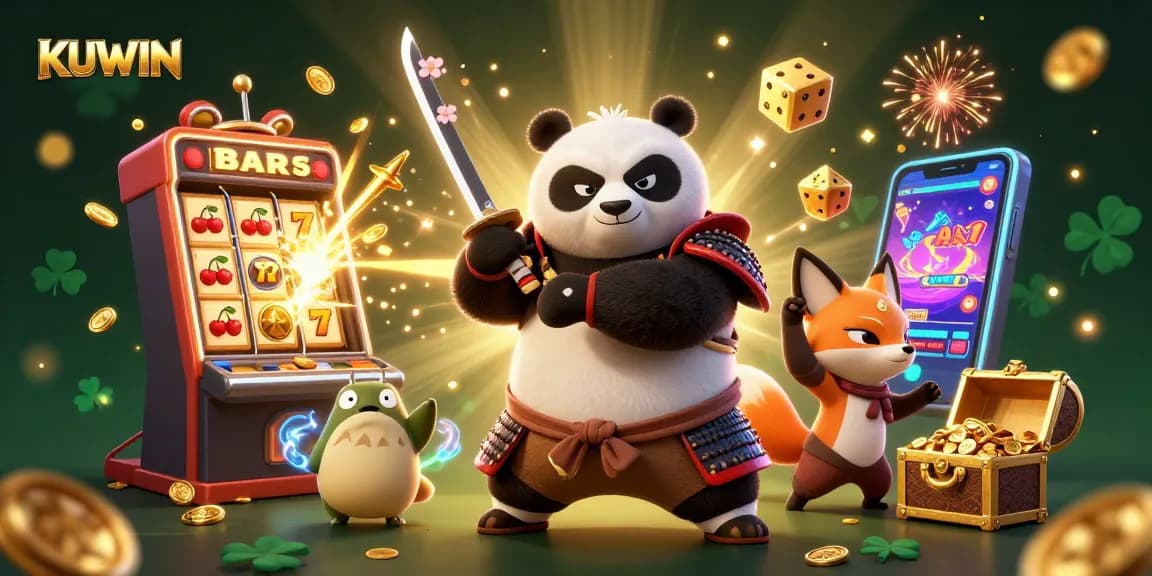 KUWIN's 3D illustrated casino scene showcases a panda samurai and ninja fox among casino games.