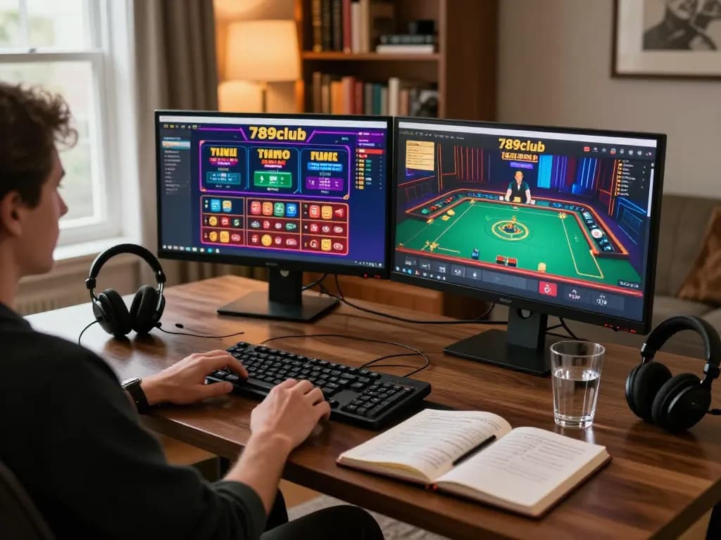 Engaged player using 789club interface on dual screens in a stylish home office setup.