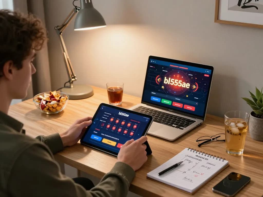 Player enjoying the bl555ae casino app on a tablet in a stylish home office setting with betting strategies.