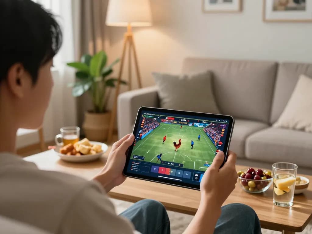 xem đá gà Thomo trực tiếp trên máy tính bảng, nhấn mạnh sự hào hứng trong một không gian chơi game ấm cúng tại nhà