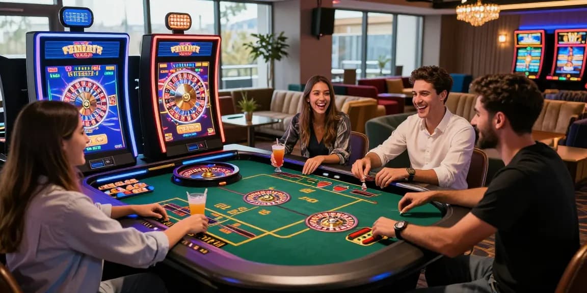 Friends enjoying solbet online gaming at a stylish casino table, vibrant atmosphere.