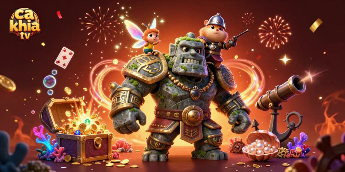 Experience ca khia tv's live gaming excitement with vibrant animated characters and treasure elements.