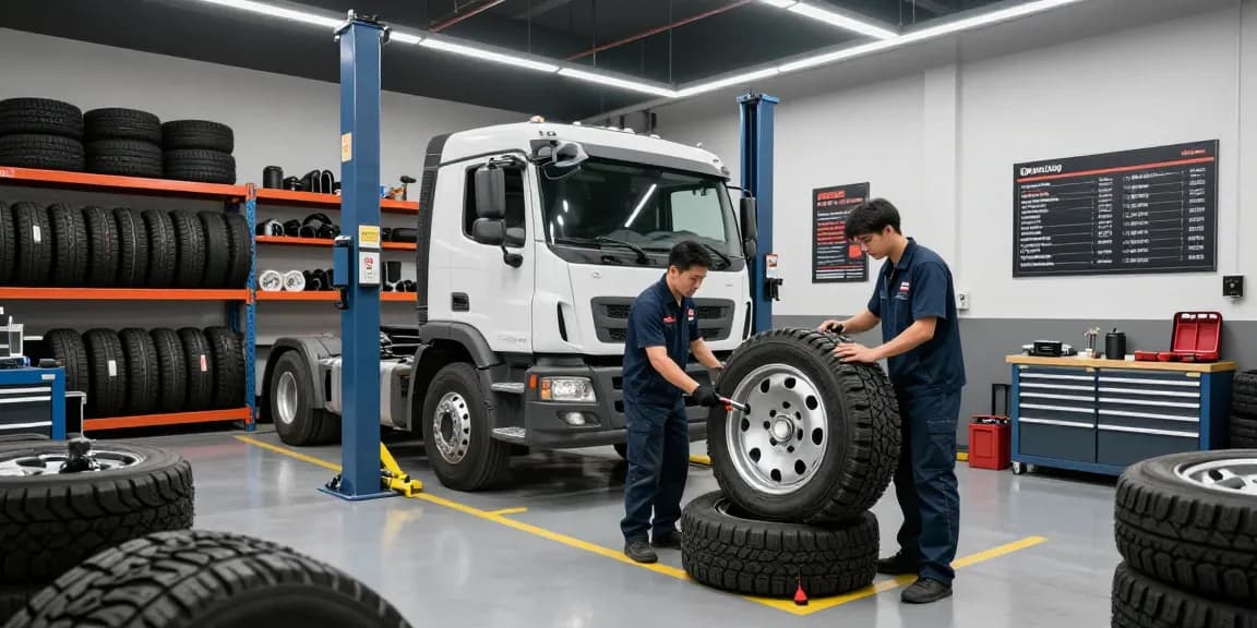 Mechanics servicing commercial trucks with Double Coin RR99 tires in a professional workshop setting.