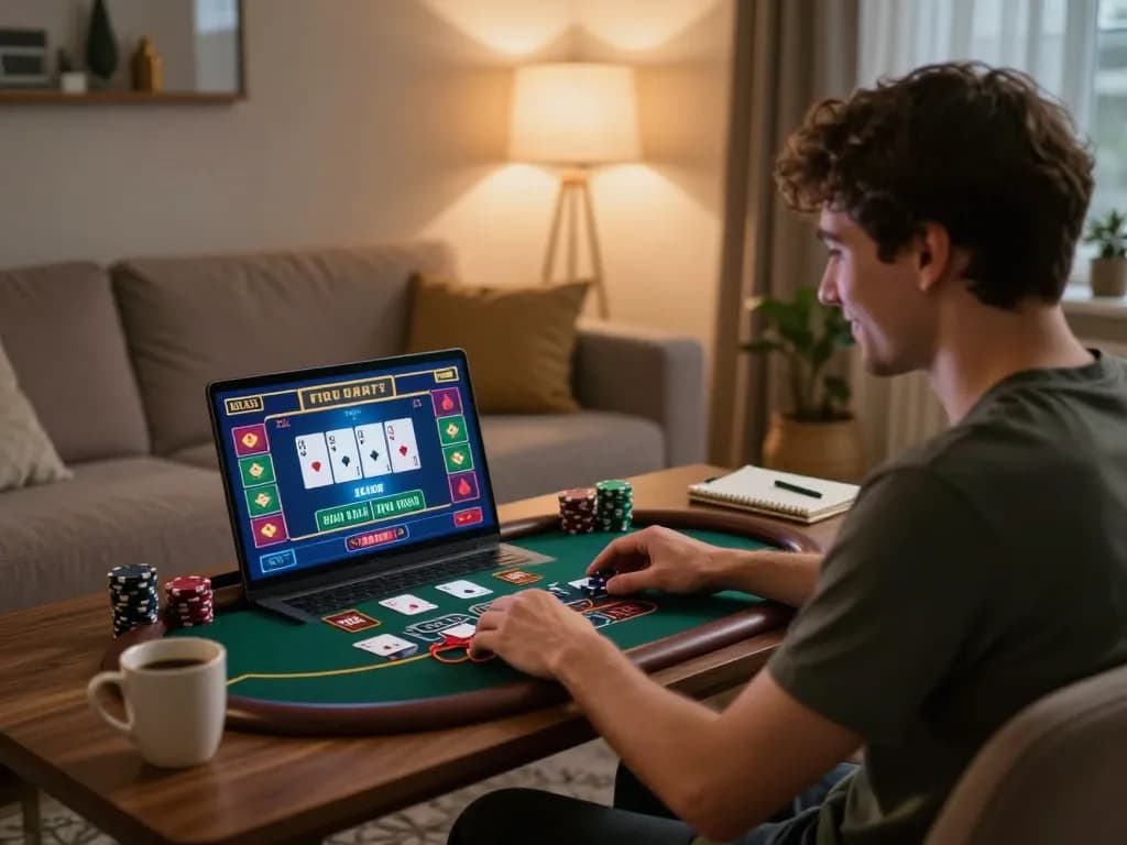 Engaging in live dealer blackjack at home, user enjoying ok8386 online casino experience on laptop.