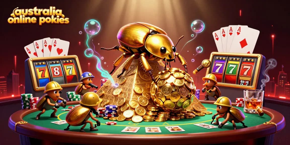 Engage with the vibrant australia online pokies scene featuring a golden dung beetle and casino elements.