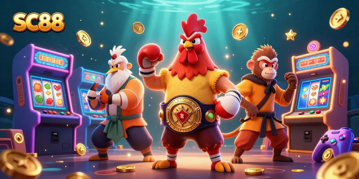 Engage with SC88 in a dynamic casino scene featuring martial artists and gaming elements.