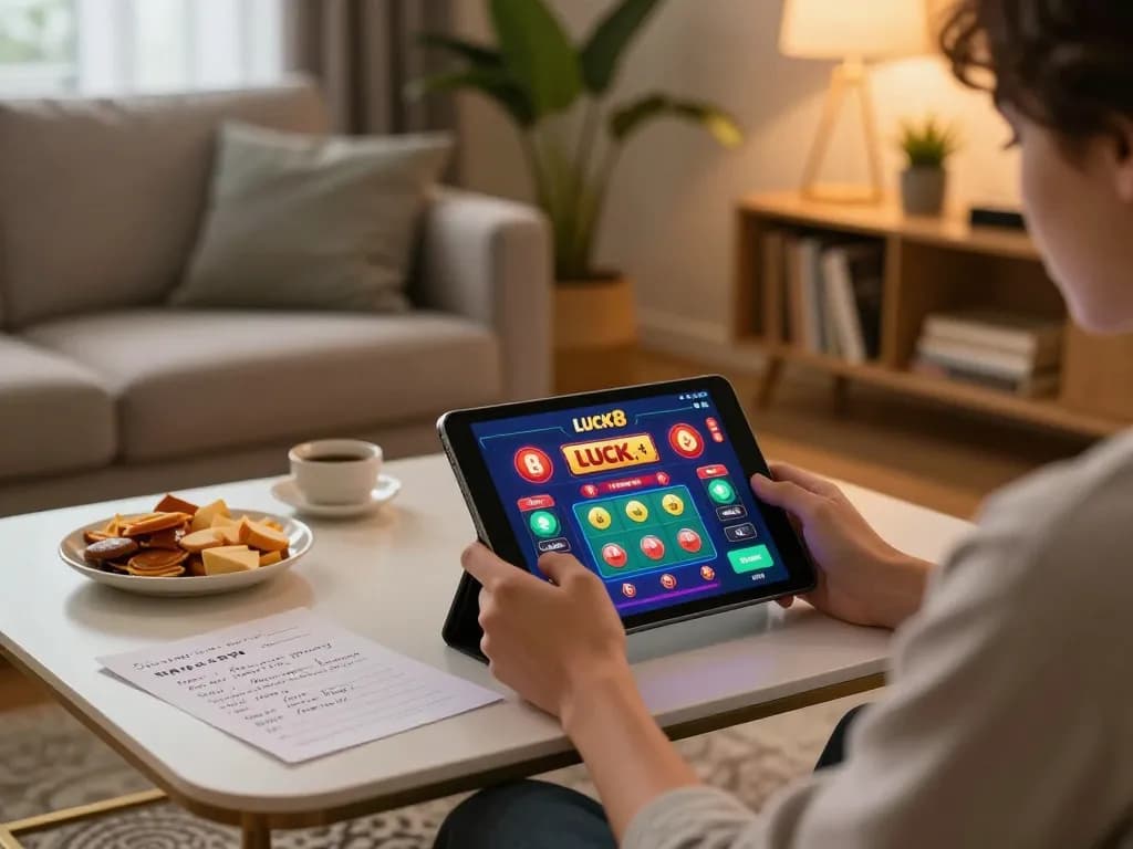 Buổi chơi game di động LUCK8 trên máy tính bảng với ghi chú chiến lược trong môi trường thoải mái tại nhà