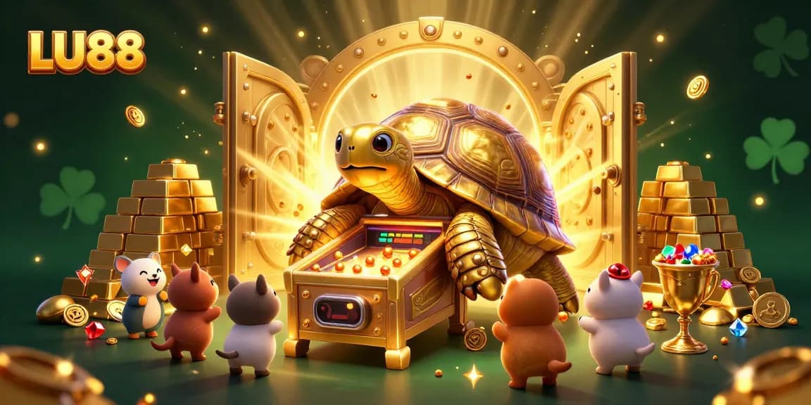 Experience thrilling gaming at LU88 with a colossal golden tortoise, surrounded by dazzling treasures!