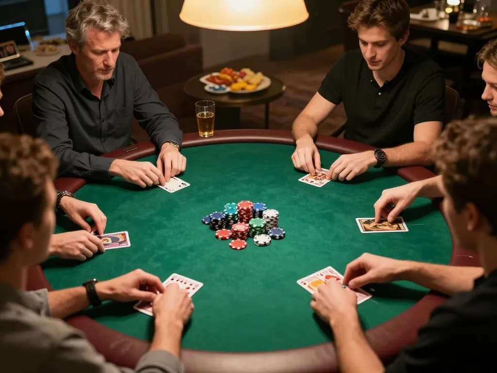 Engaging home poker night using the lc88app, friends strategizing around a green felt table with chips.
