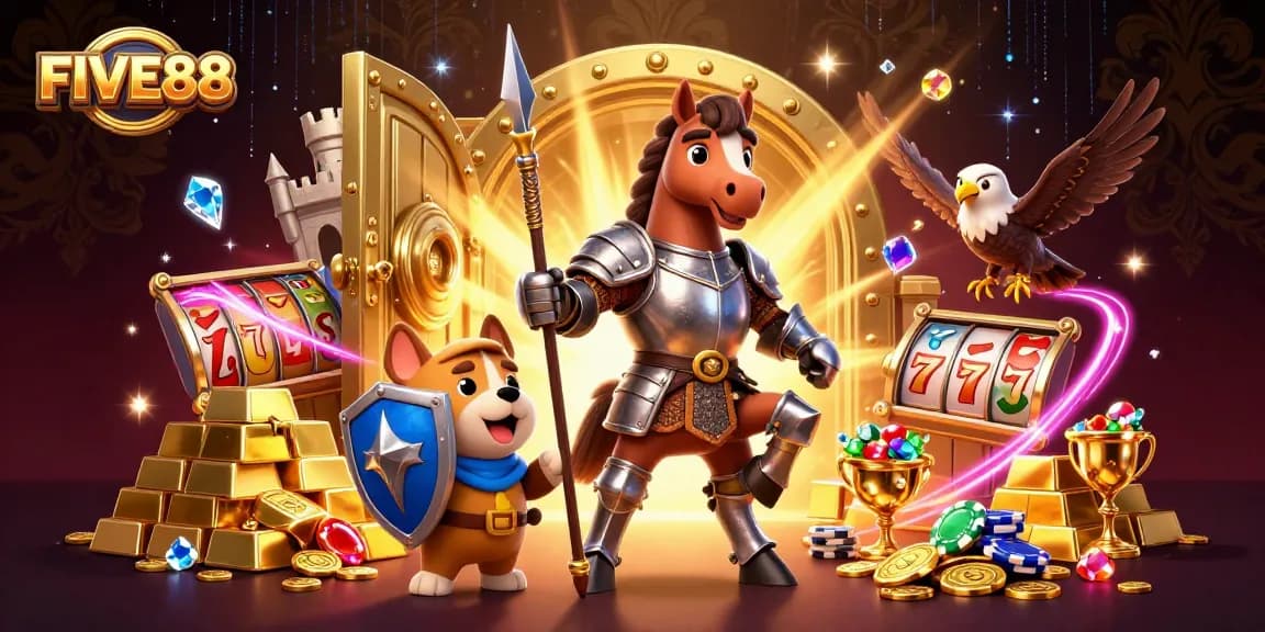 Engage in the thrilling world of FIVE88's casino experience with a knight, squire, and falcon.
