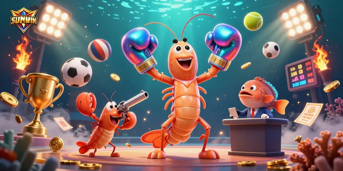 SUNWIN showcases an exciting scene with a mantis shrimp, pistol shrimp, and coral grouper in an action-packed casino environment.