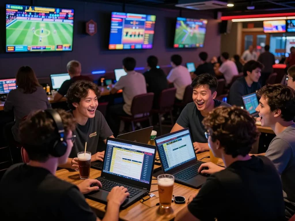 Join the excitement at sky88 club as bettors analyze odds and cheer for their teams in a lively sports lounge.