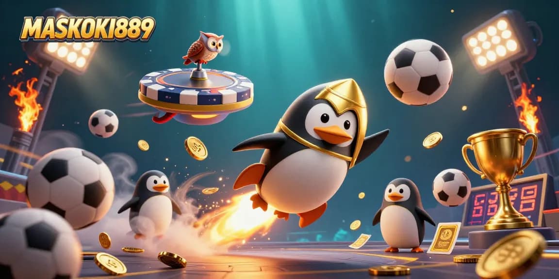 Experience the thrill of MASKOKI889 as the golden penguin navigates a dynamic casino space!
