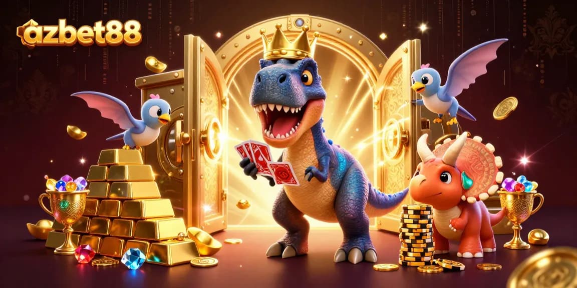 Experience excitement at azbet88 with this vibrant 3D depiction of playful dinosaurs in a treasure-filled casino atmosphere.