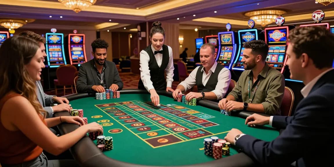 Atmosfera di gioco emozionante nei casino non AAMS con diversi giocatori a un tavolo della roulette.