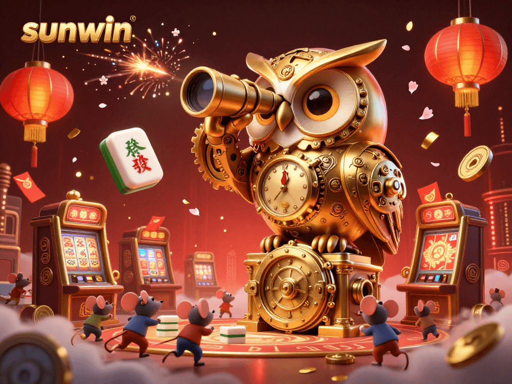 Engage with sunwin's vibrant casino scene featuring a golden owl and lively patrons enjoying games.