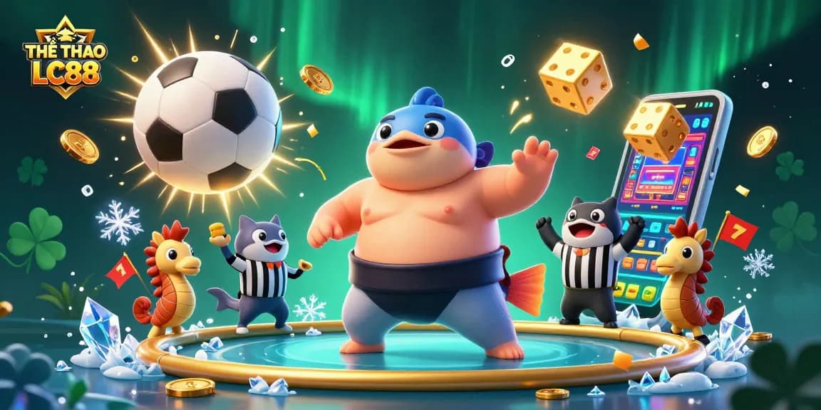 Engage with THỂ THAO LC88 through an exciting underwater sports betting scene featuring a fugu warrior and playful spectators.