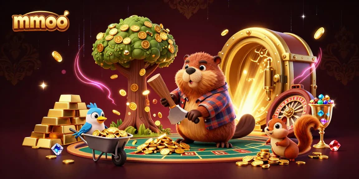 mmoo offers a vibrant casino illustration with a beaver character engaging in winning strategies with coins and gems.