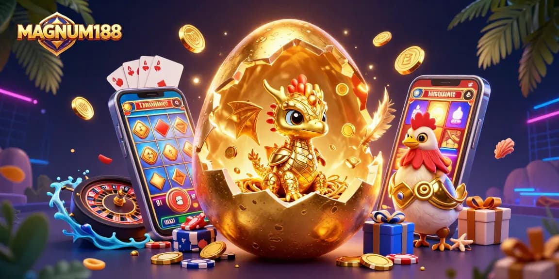 Experience MAGNUM188's thrilling online gaming with golden dragon, poker chips, and vibrant slot elements